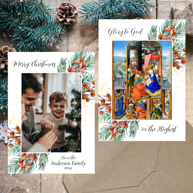 Christian Catholic Nativity Family Photo Christmas Holiday Card (Medieval Religious Christian Catholic Merry Christmas Epiphany Green Holly Photo Holiday Card)