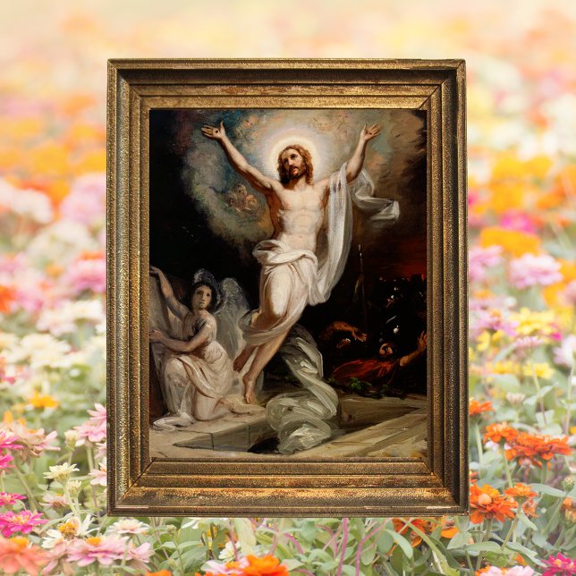 Christian Catholic Resurrection of Jesus Easter Poster (Religious Christian Catholic Resurrection of Jesus Christ is risen Pascha Happy Easter Poster)