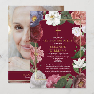 Christian Celebration of Life Burgundy Photo Invitation