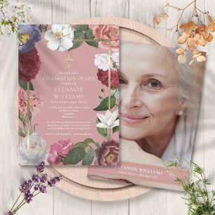 Christian Celebration of Life Pink Floral Photo Invitation