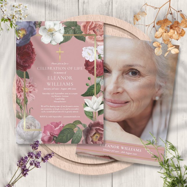 Christian Celebration of Life Pink Floral Photo Invitation (Christian Celebration of Life Pink Floral Photo Invitation)