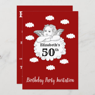 Christian Cherub Angel Happy 50th Birthday Red Invitation