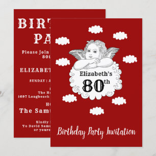 Christian Cherub Angel Happy 80th Birthday Red Invitation