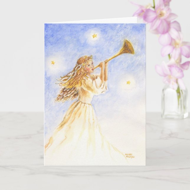 Christian Christmas Angel with Horn Greeting Card (Orchid)