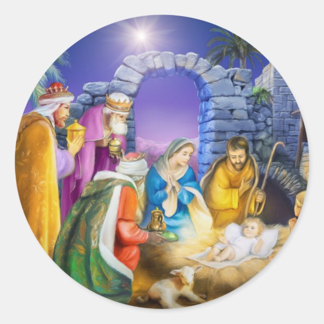 Christian Christmas card Classic Round Sticker (Front)