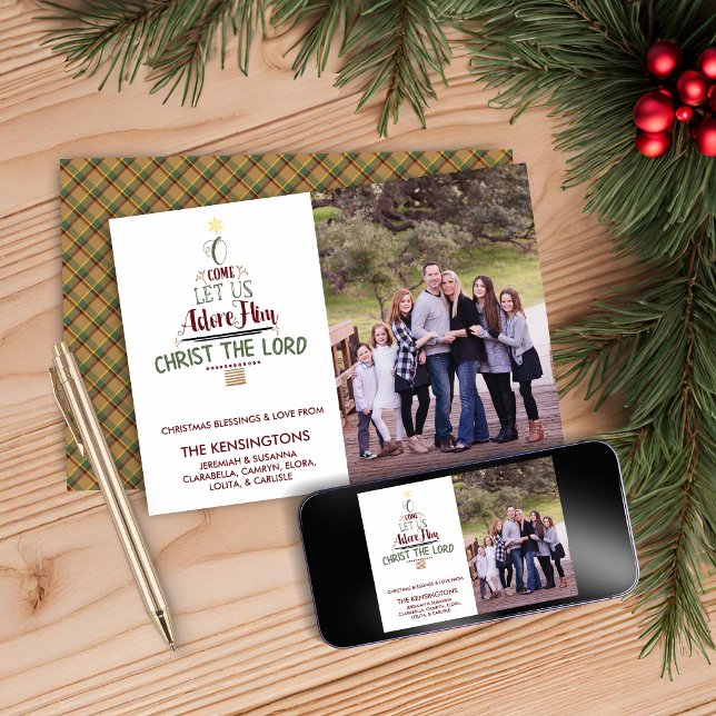 Christian Christmas Family Photo Typography Plaid Holiday Card (Christian Christmas Family Photo Typography Plaid Holiday Card)