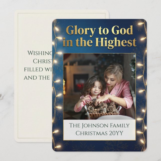 Christian Christmas Glory to God One Photo Gold Holiday Card (Front/Back)