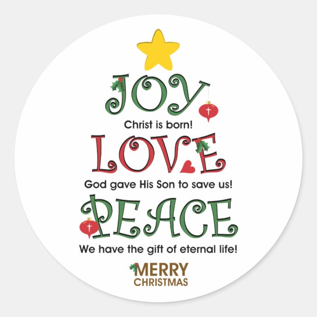Christian Christmas Joy Love and Peace Classic Round Sticker (Front)