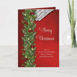 Christian Christmas, Music Notes, Red, Pine Branch Card