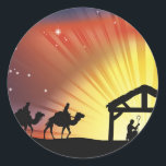 Christian Christmas Nativity Scene Classic Round Sticker<br><div class="desc">Illustration of traditional Christian Christmas Nativity scene with the three wise men</div>