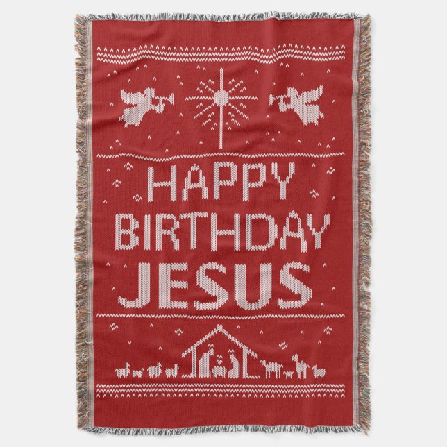 Christian Christmas Sweater Happy Birthday Jesus Throw Blanket (Front Vertical)