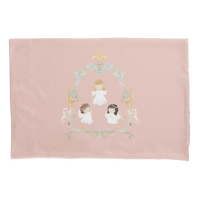 Christian Christmas Watercolor Angels Pink Pillowcase (Front)