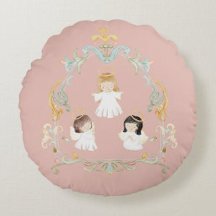 Christian Christmas Watercolor Angels Pink Round Cushion