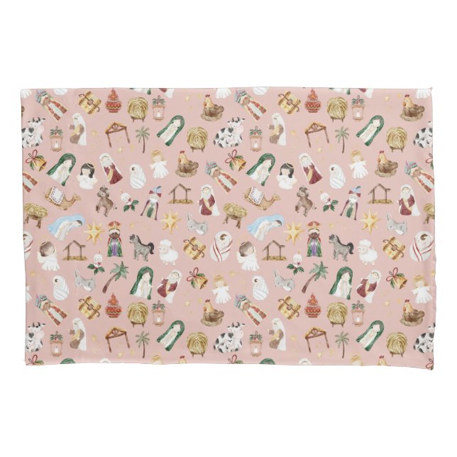 Christian Christmas Watercolor Nativity Pink Pillowcase (Front)