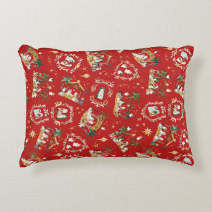 Christian Christmas Watercolor Nativity Red Decorative Cushion