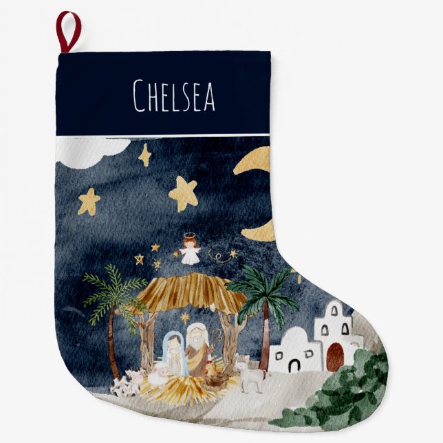 Christian Christmas Watercolor Nativity Red Large Christmas Stocking (Front)
