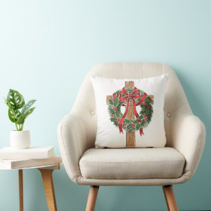 Christian Christmas Wooden Cross with Holly Wreath Cushion