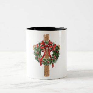 Christian Christmas Wooden Cross with Holly Wreath Two-Tone Coffee Mug