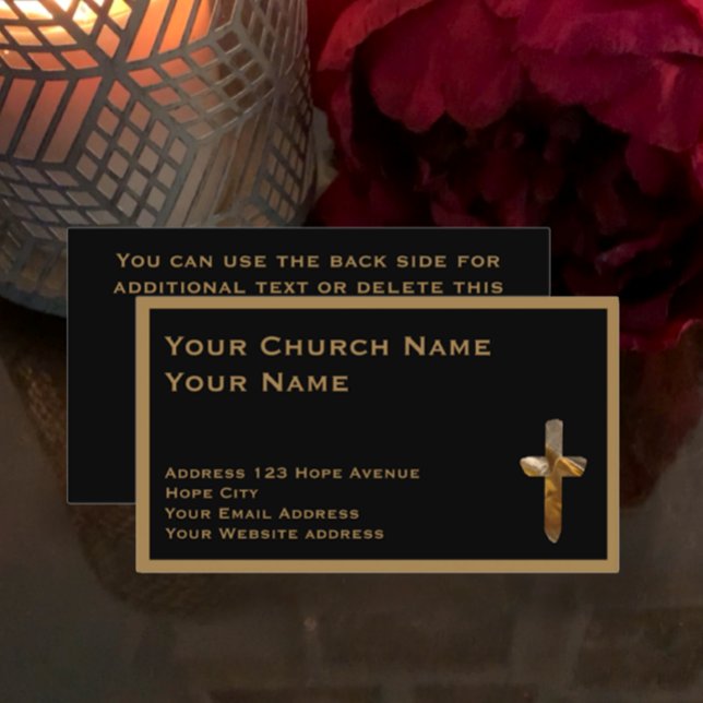 Christian Church Minister Tan Black Stylish Cross Business Card (Create your personalized minister, pastor, church business card. Tan on Black with gold modern cross)