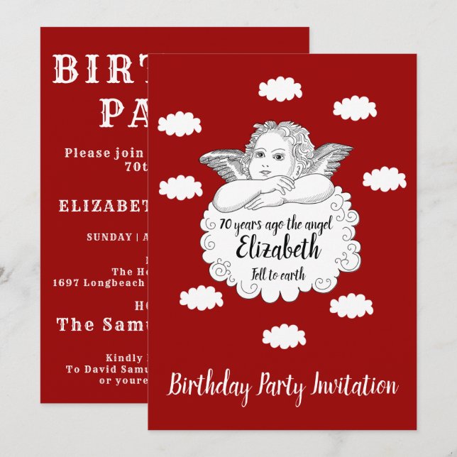 Christian Cloud Angel Happy 70th Birthday Red Invitation (Front/Back)