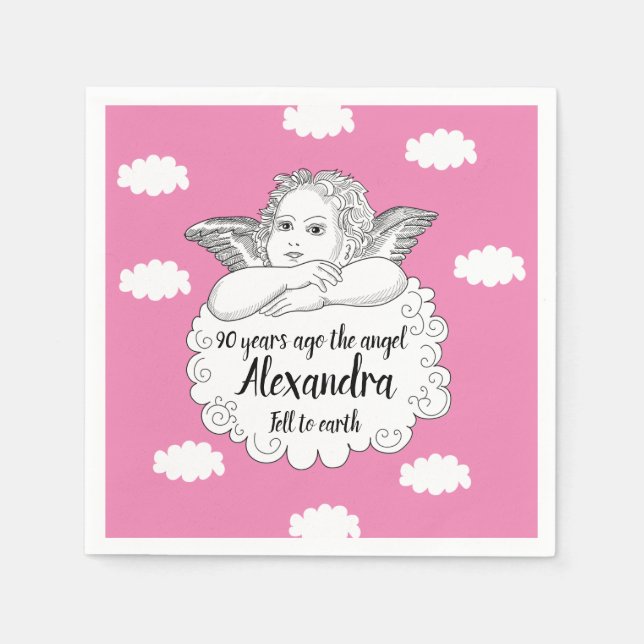 Christian Cloud Angel Happy 90th Birthday Pink Napkin (Front)