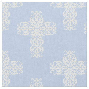 Christian Corss White on Blue Damask Pattern Fabric