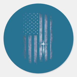 Christian Cross American Flag Grunge Classic Round Sticker