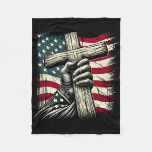 Christian Cross And Usa Flag 4th Of July Jesus Fleece Blanket