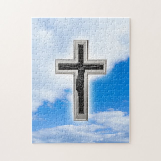 Christian cross at blue sky background jigsaw puzzle (Vertical)