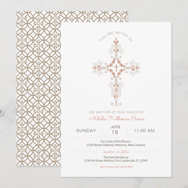 Christian Cross Baby Girl Baptism Invitation (Front/Back)