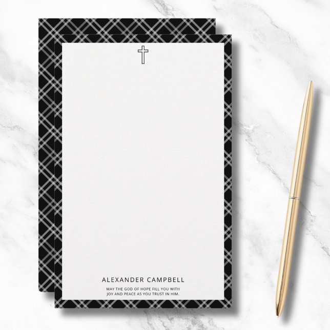 Christian Cross Bible Verse Name Black Plaid Stationery (Creator Uploaded)