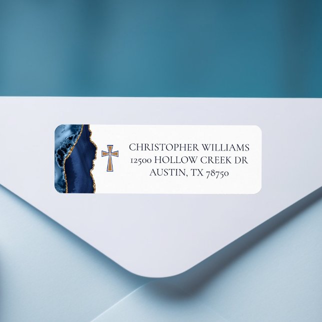 Christian Cross Blue Gold Agate Return Address Label (Creator Uploaded)