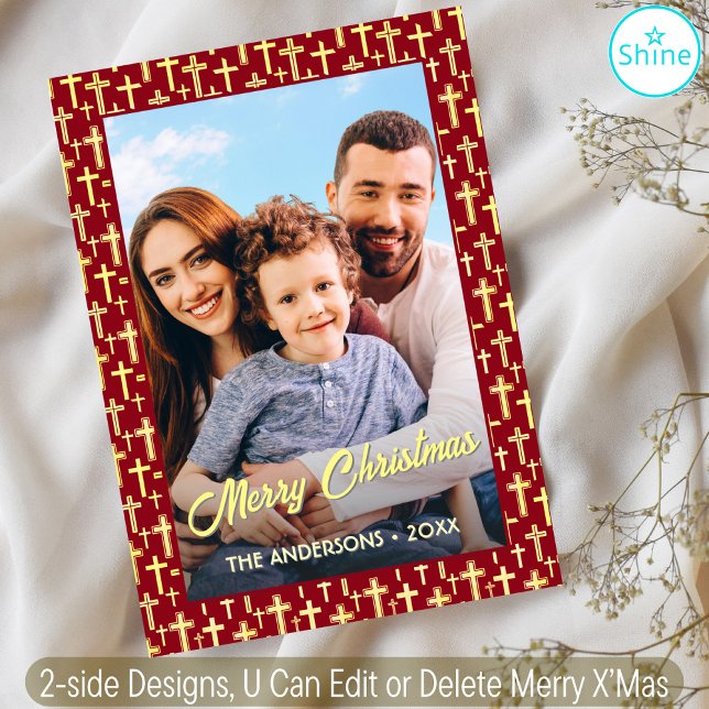 Christian Cross Custom Photo Script Christmas Red Holiday Card (Creator Uploaded)