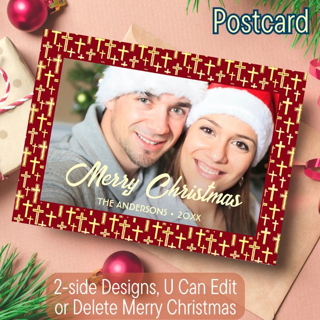 Christian Cross Custom Photo Script Christmas Red Holiday Postcard (Creator Uploaded)