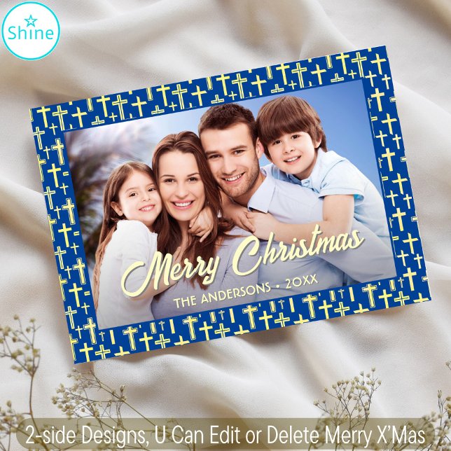 Christian Cross Elegant Script Christmas Navy Blue Holiday Card (Creator Uploaded)