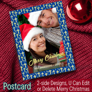 Christian Cross Elegant Script Navy Blue Christmas Holiday Postcard