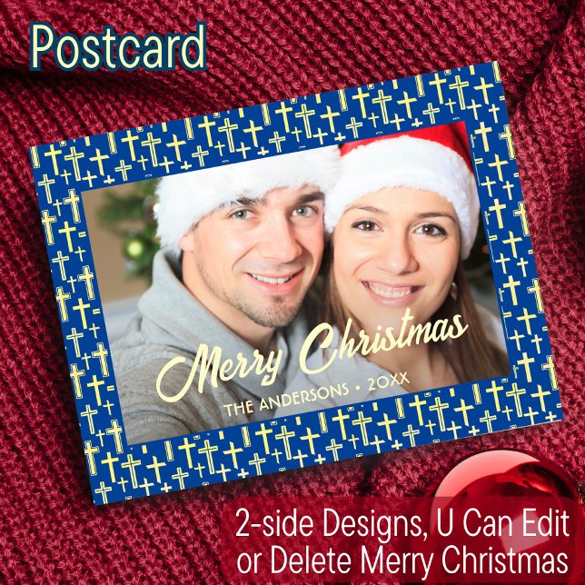 Christian Cross Elegant Script Navy Blue Christmas Holiday Postcard (Creator Uploaded)