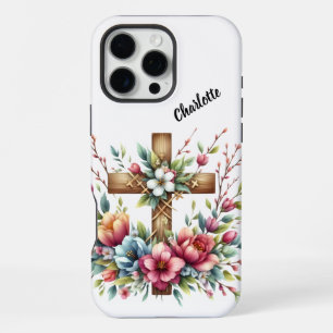 Christian Cross Encircled Artistic Spring Flowers iPhone 16 Pro Max Case