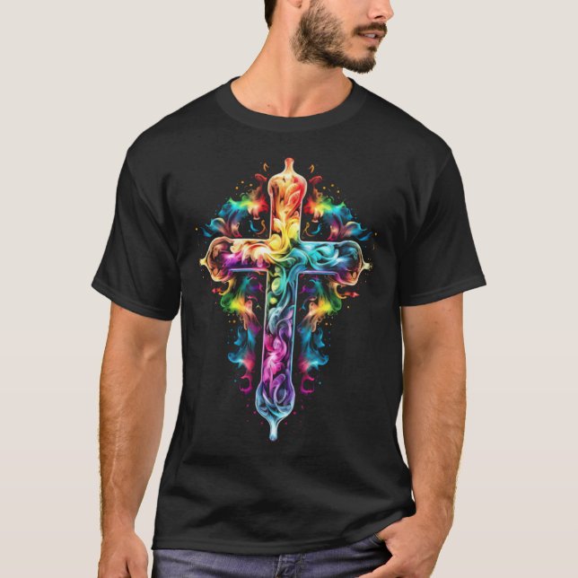 Christian cross faith hope love Jesus church rainb T-Shirt (Front)
