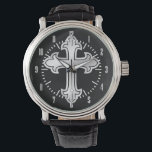 Christian Cross Fleury Silver on Black Watch<br><div class="desc">A cross fleury (or "flory") is a the heraldic name for a cross having fleurs-de-lys for its points, a slightly more decorative and quite popular version of the regular Christian cross. This version is in a golden gradient on a background textured with a scan of black kraft paper. If you...</div>