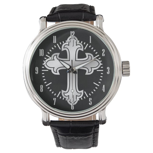 Christian Cross Fleury Silver on Black Watch (Front)