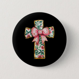 Christian Cross Floral Coquette Bow Pink Religious 6 Cm Round Badge