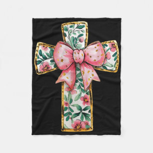 Christian Cross Floral Coquette Bow Pink Religious Fleece Blanket