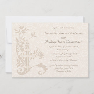 Christian Cross Flourish White Wedding Invitations