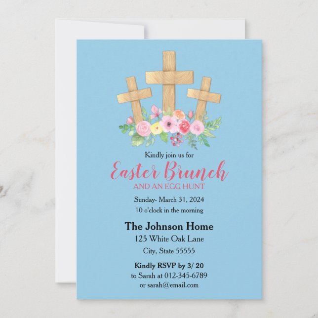  Christian Cross & Flowers Religious Easter Brunch Invitation (Front)