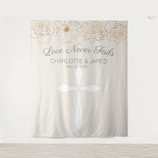 Christian Cross Gold Flowers Wedding Tapestry (Front)