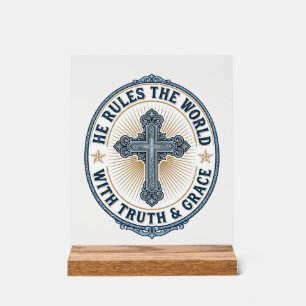 Christian Cross He Rules the World Acrylic Sign