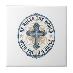 Christian Cross He Rules the World Ceramic Tile