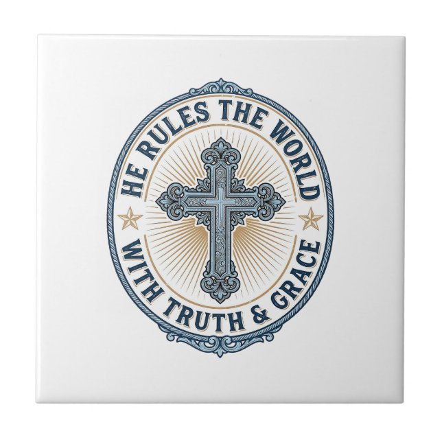 Christian Cross He Rules the World Ceramic Tile (Front)