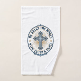 Christian Cross He Rules the World Hand Towel